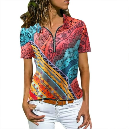 

Women s Fashion Casual Top Blouse Lapel Zipper Printed Soft Shirt Loose Short Sleeve Elegant Soft T-Shirt Top Juniors Active Shirts under Scrub Women Long Sleeve Shirts Workout Top Plain Loose T