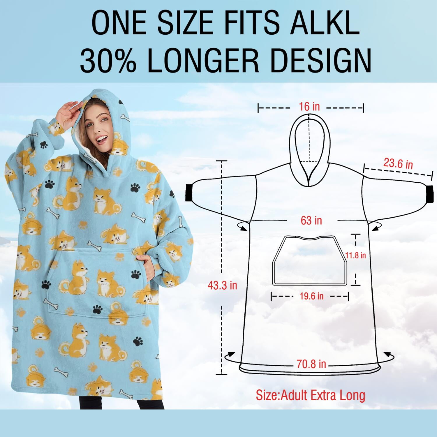 Oversized Wearable Blanket Hoodie,Cute Shiba Inu Sherpa Blanket Hoodie with Super Pockets,Super Warm Fuzzy Pullover for Women & Men
