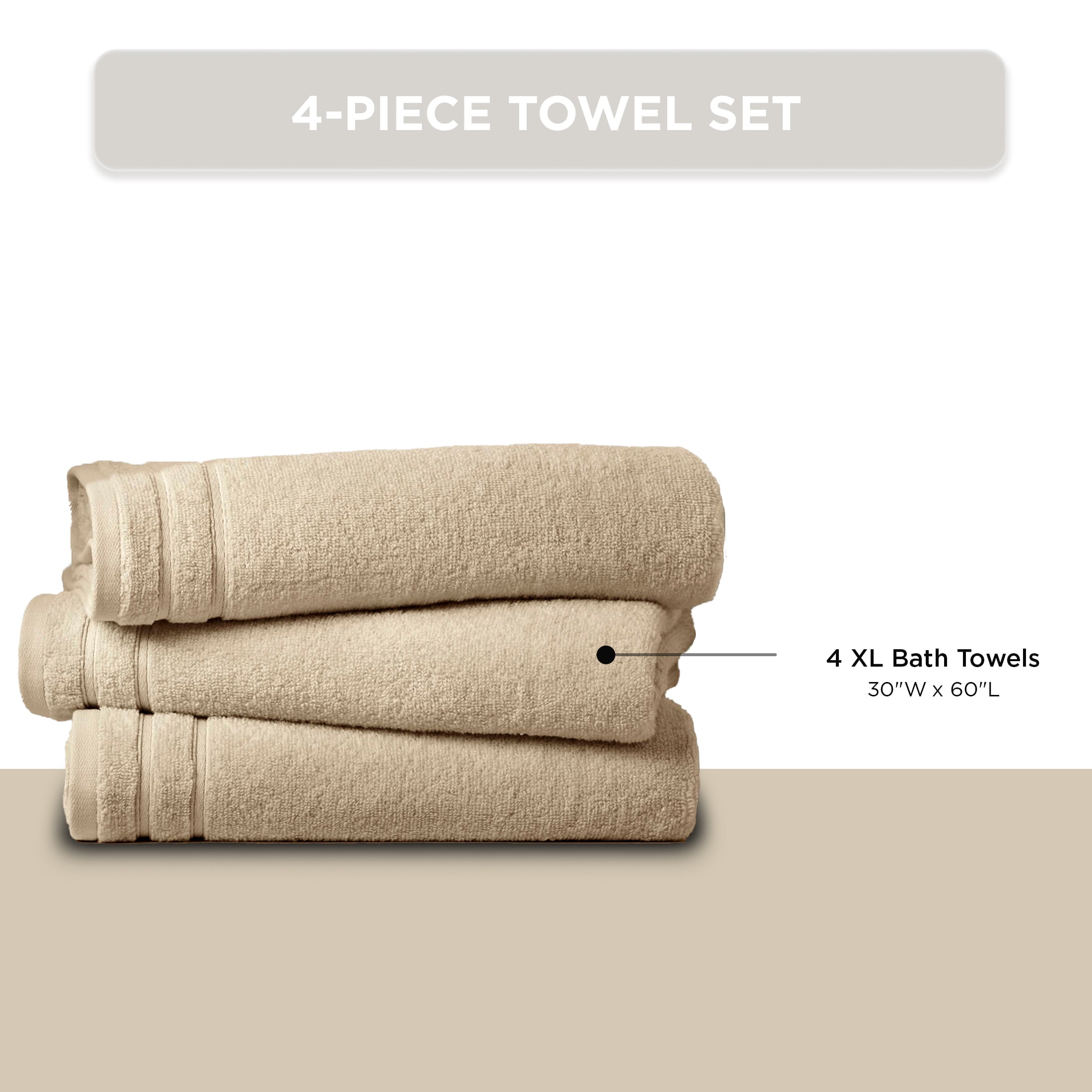 Regency Heights 4-Piece Quick Dry Cotton Bath Towels, Soft & Ultra Absorbent, Beige, Oversized Towel Set