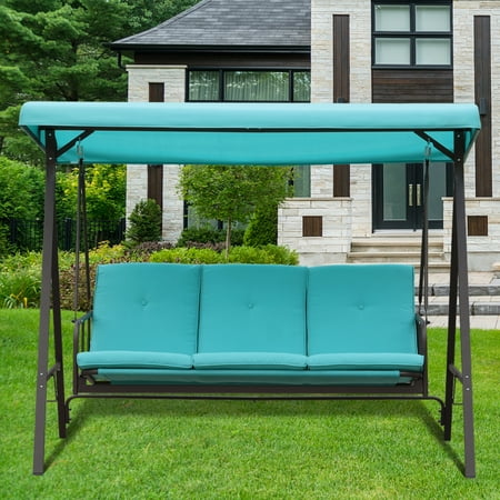 Outdoor Patio Swing Chair 3 Seat Canopy Swing with Removable Cushion and Weather Resistant Powder Coated Steel Frame for Garden Poolside Balcony Backyard Blue LJ3080