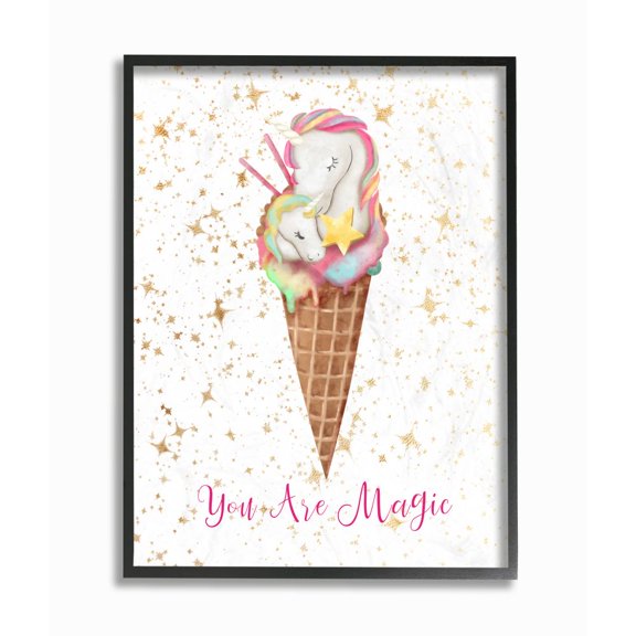 Stupell Industries You Are Magic Unicorn Ice Cream Cone Gold Pink Design Graphic Art Black Framed Art Print Wall Art, 24x30, by Ziwei Li
