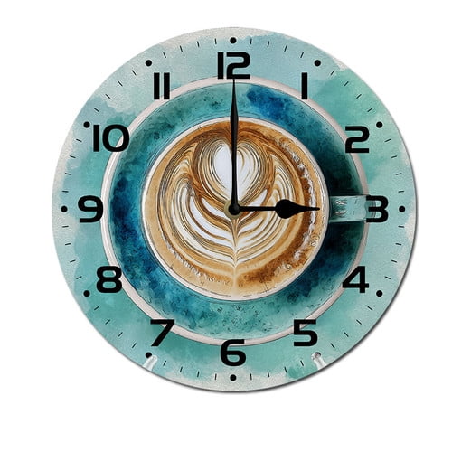 ZXCXRQFa Morning Coffee Blue Clock Home Decor Round Wood 10 Inch Wall Clocks Non Ticking Silent Clock Art for Living Room Kitchen Bedroom Decorative