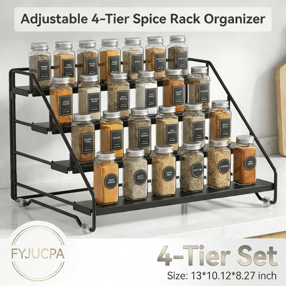 4 Tier Spice Rack Organizer Carbon Steel Seasoning Step Storage Shelf Countertop Tiered Seasoning Holder Rack for Kitchen Cabinet Bedroom Bathroom