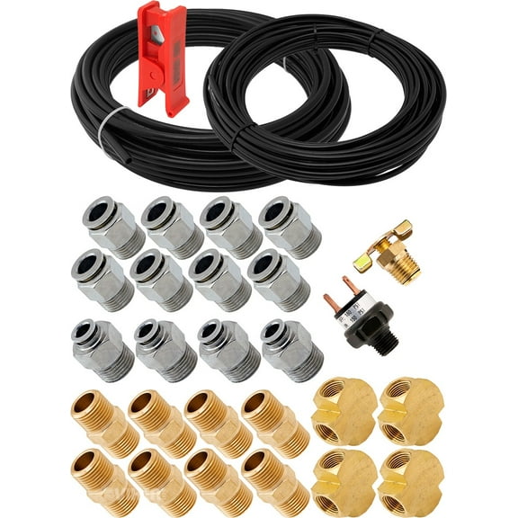 Vixen Air Set of Fittings for Eight 3/8" NPT Air Valves with 50 Feet 3/8" and 1/4" OD Air Lines, Pressure Switch Included VXK3802H