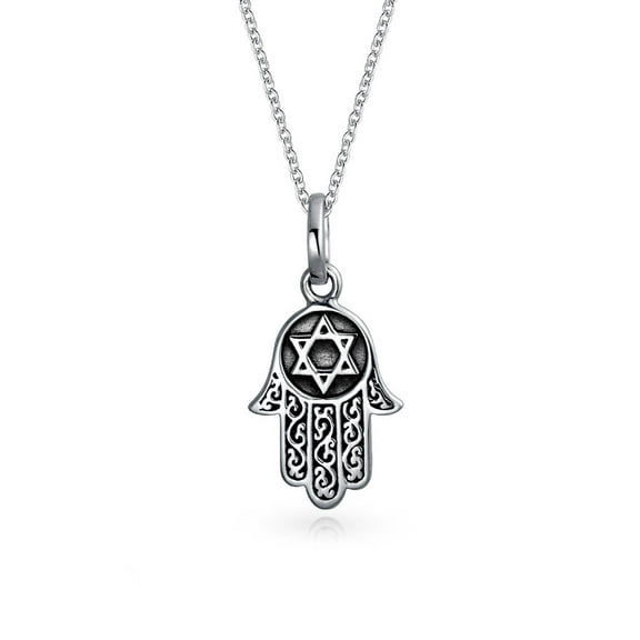 Bling Jewelry Womens Amulet Talisman Hamsa Hand Pendant Necklace in Black Silver
