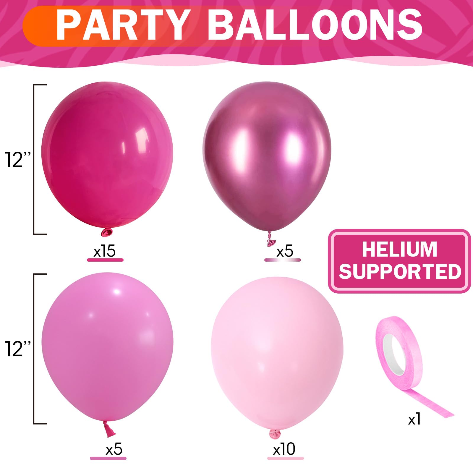 Pink Balloons Set 12 Inch Hot Dark Magenta Light Pastel Pink Metallic Latex Helium Balloon for Girls Baby Shower Princess Wedding Birthday Party Decorations