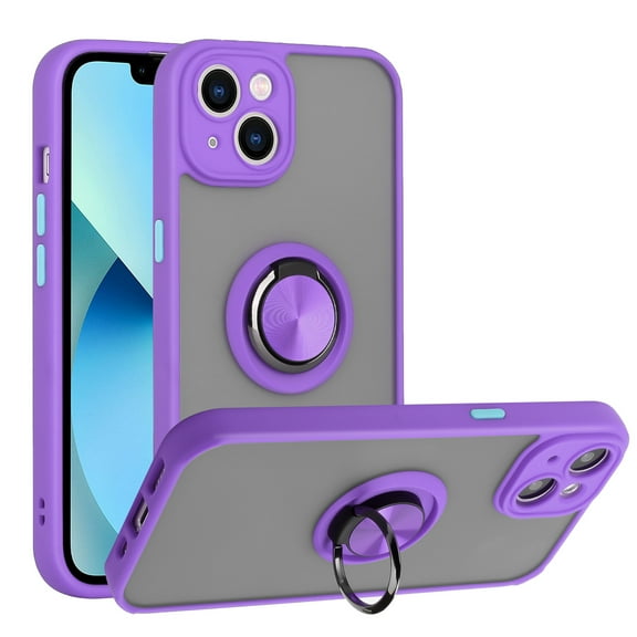 For Apple iPhone 14 6.1 inch Impact Metal Ring Holder Stand Magnetic Car Mount Protective Hybrid Case Cover Purple