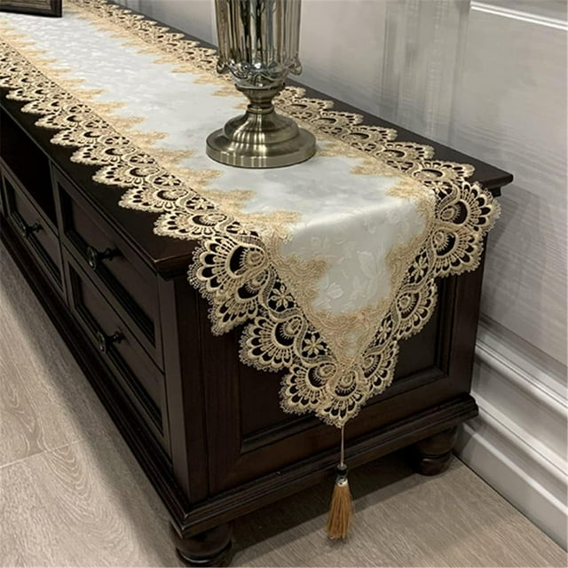 Yazoeia Vintage Fabric Lace Table Runner with Tassels, Rectangular Lace Floral Embroidery Dining Table Runner Coffee Table Runner Dresser Scarf for Christmas Wedding Holiday Party Home CJC912-167330