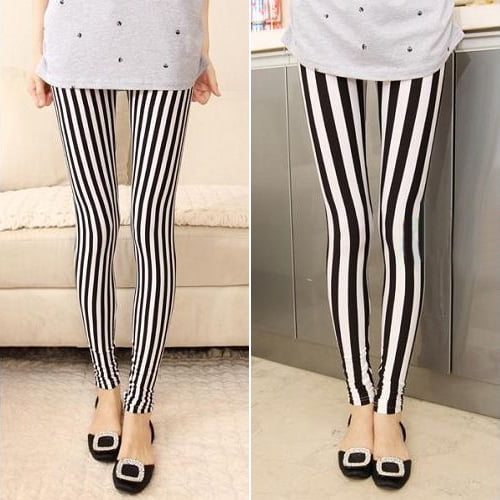 Cheers Women s Fashion Comfortable Slim Fit Black White Vertical Stripes Leggings Tights Other