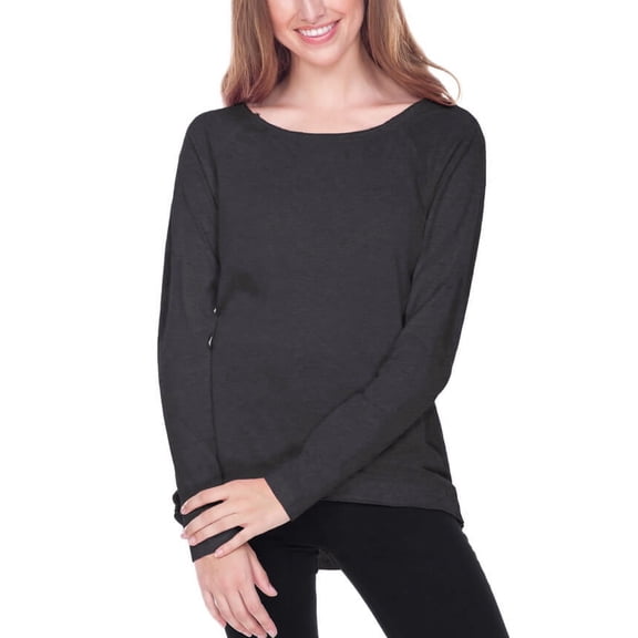Kavio! Juniors Sheer Jersey Raw Edge Scoop Neck High Low Raglan Long Sleeve. Ht.Charcoal M
