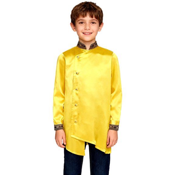vastwit Kids Boys Indian Traditional Kurtan Top Silky Satin Long Sleeve Button Down Formal Dress Shirts Gold 8