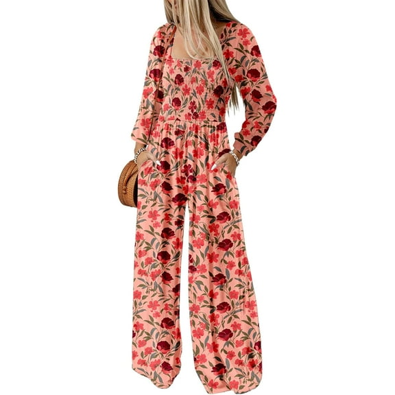 CAILDANL Women's Casual Loose Overalls Jumpsuits One Piece Long Sleeve Wide Leg Long Pant Rompers With Pockets