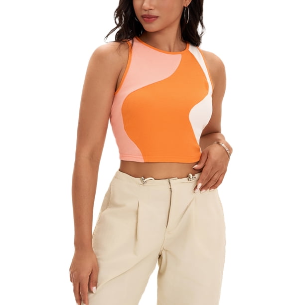 ATHLECHIC Camiseta sin mangas de verano de bloques de color para mujer, con cuello redondo, básica y corta, color naranja
