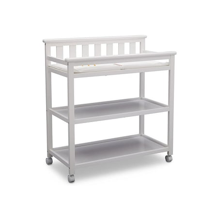 UPC: 0080213058777 | Delta Children Flat Top Changing Table with Wheels and Changing Pad – Greenguard Gold Certified  Bianca White Bianca White Flat Changing Table