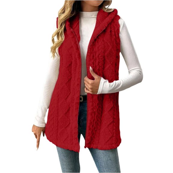JUUNthy Women's Long Vest Jacket, Full‑Zip Hooded Sleeveless Fleece Warm Casual Outerwear Coat for Fall Winter Red S