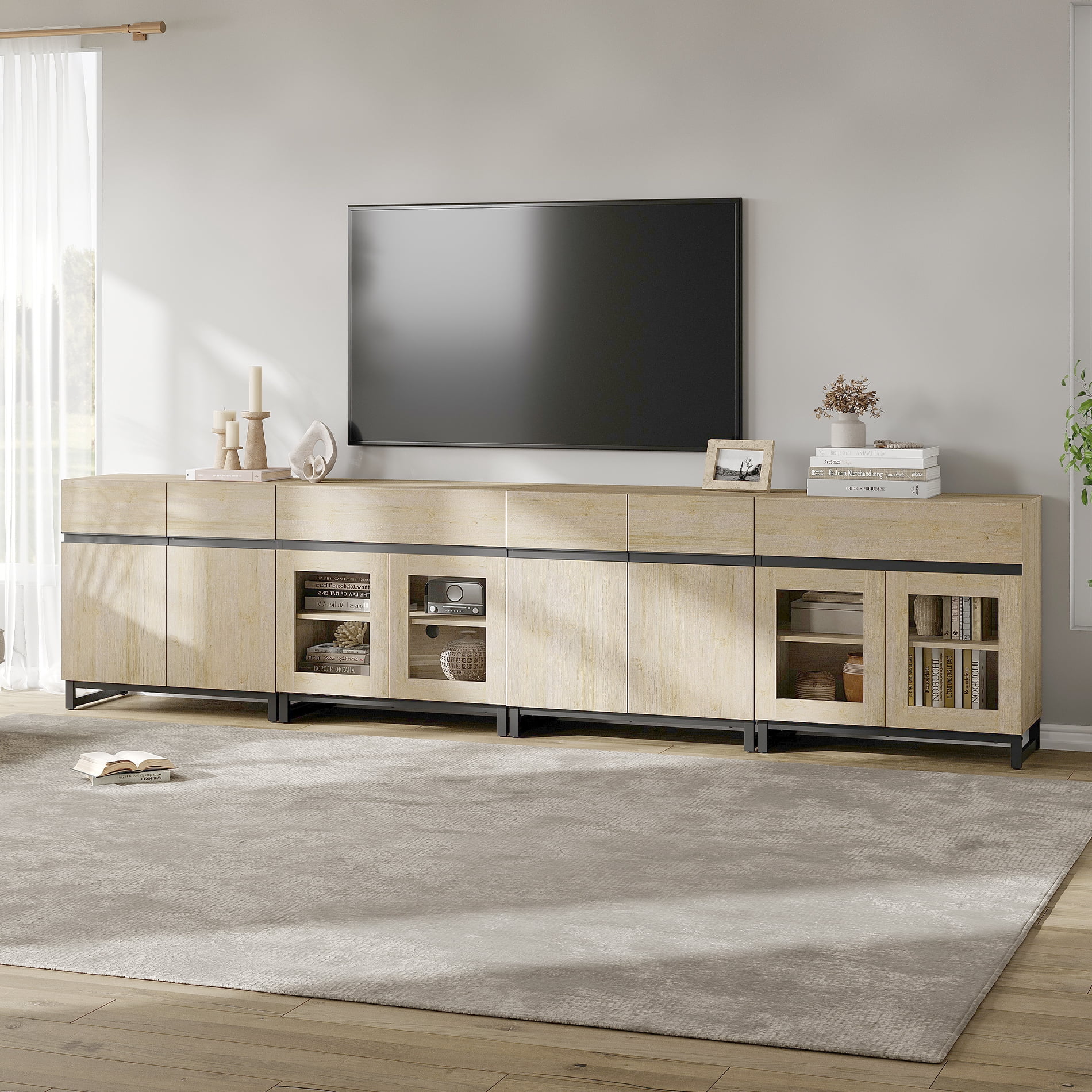 Modern TV Stand For Tvs Up To 120 Inches, 4 In 1 TV Console With Glass Doors And 2 Drawers, Media Console With Adjustable Shelf For Living Room,Beige