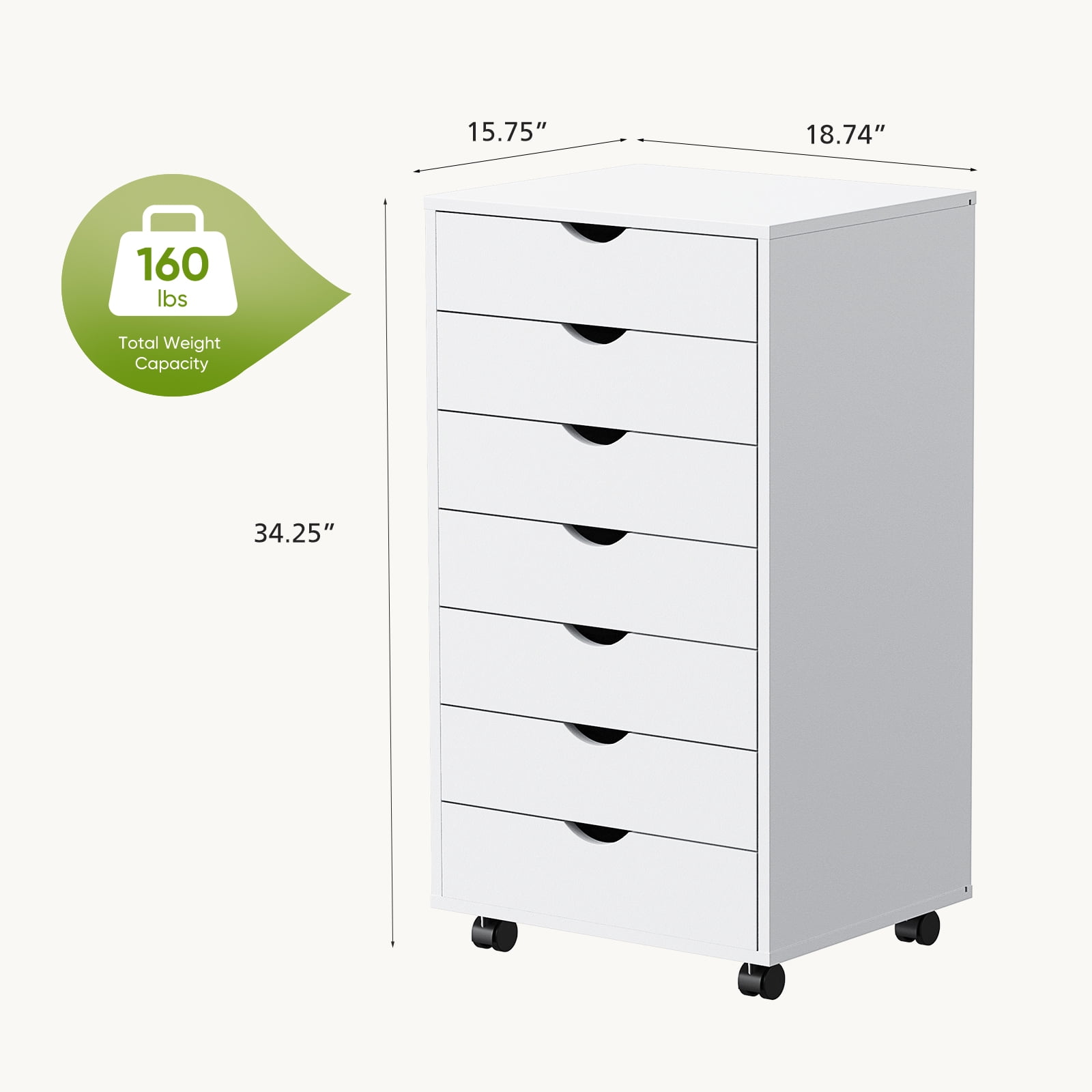 EDX 7 Drawer Chest File Cabinet, Mobile Storage Organizer Wood Dresser Printer Stand for Home Office, White