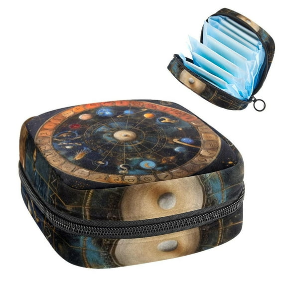 1Pc Cute Period Bag Menstrual Cup Pouch, Large Storage Bag Sanitary Purse for Sanitary Napkin Pads, Art Zodiac Signs Planets Symbols Pads Organizer for Girls Women