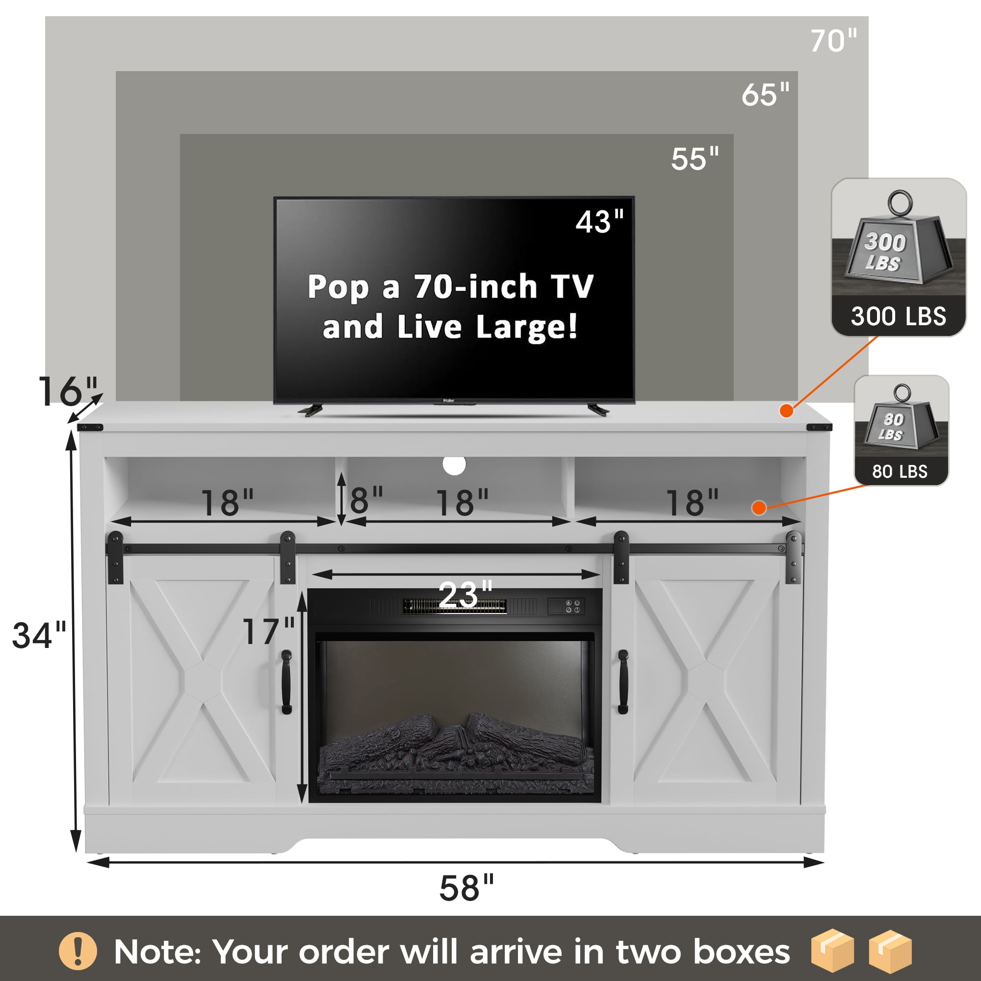 May in Color Wood Fireplace TV Stand with 23" Electric Fireplace, Rustic Entertainment Center, White