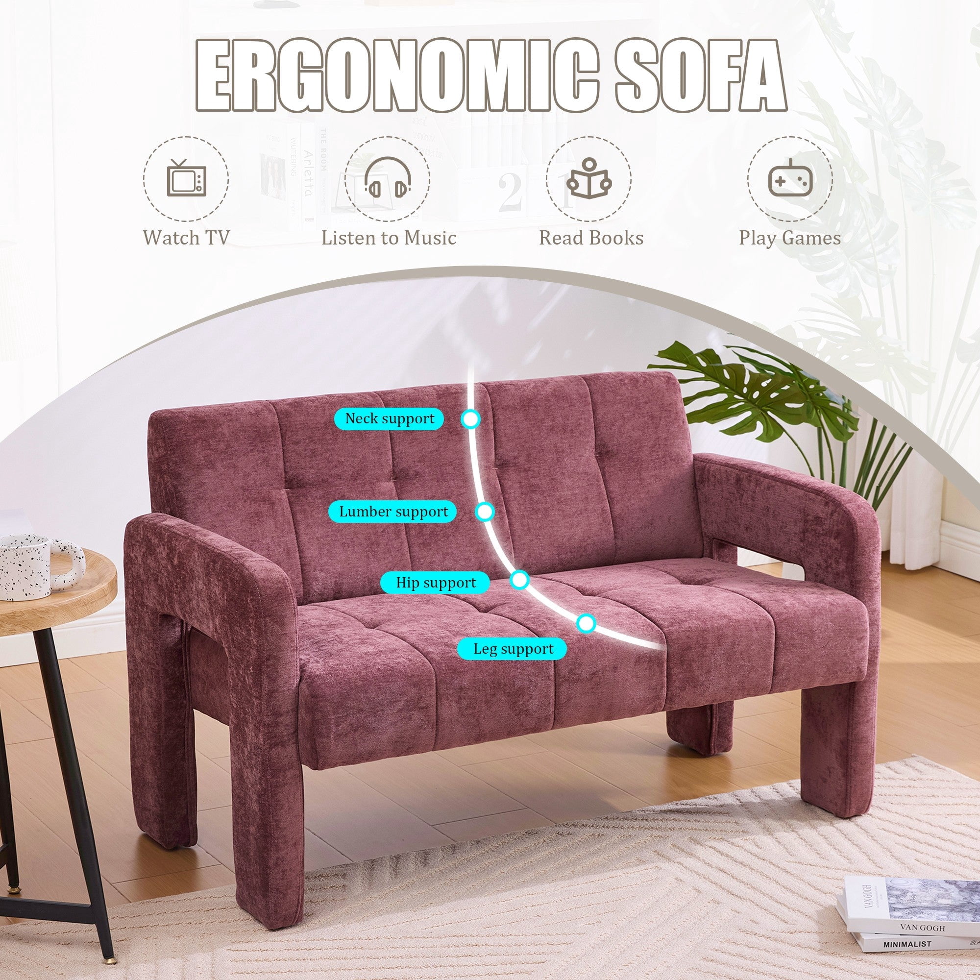 Sailvan Nordic Modern Chenille Loveseat,Compact 2-Seater Upholstered Sofa with Dual Armrests for Living Room,Bedroom,and Small Spaces WINE RED