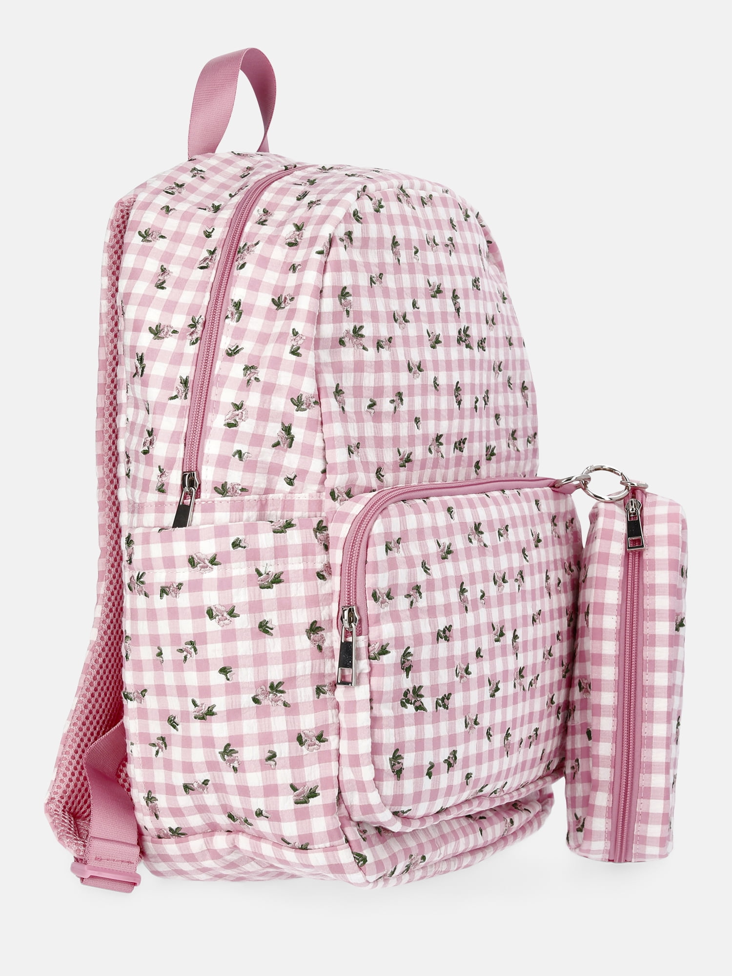 Weekend Academy Girl's Dome Backpack with Pouch, Pink Gingham with Floral Embroidery