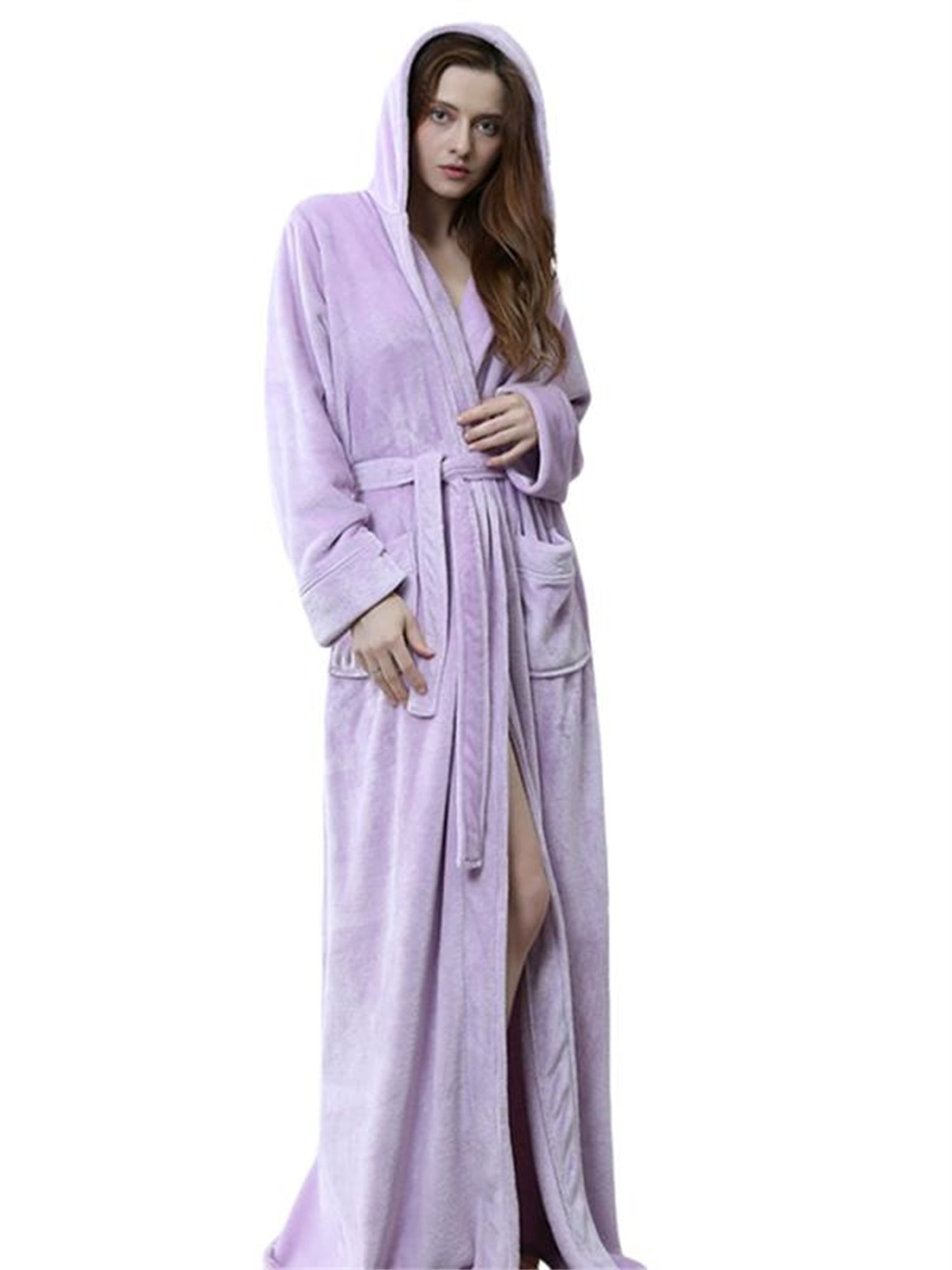 Men Women Warm Fleece Robe with Hood, Long Hooded Robe for Women Men