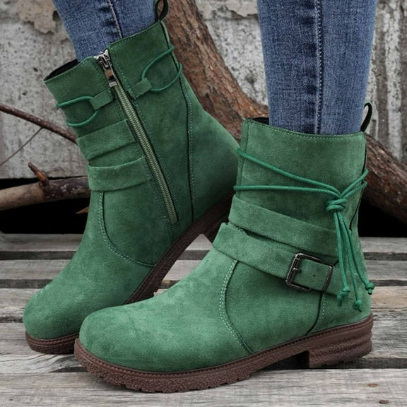 AUNVITO Women's Side Zipper Chunky Heel Ankle Boots, Brown/Black/Gray/Green, Suede-Like Material with Lace-Up & Buckle Details, Casual Vintage Work Boots