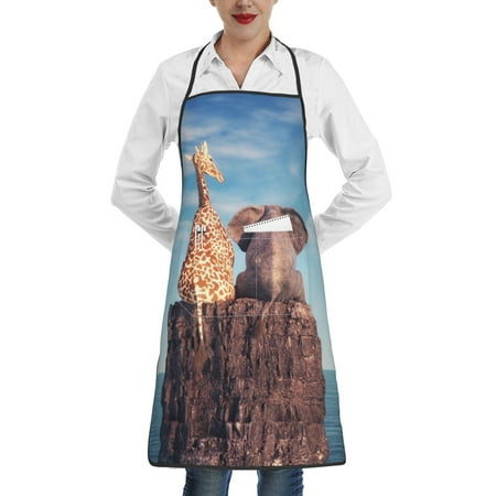 

Lukts Elephant And A Giraffe Sitting On A Rock Admiring The Ocean Pattern Kitchen Apron Waterdrop Resistant Apron with adjustable Aprons for Women and Men with Pockets Cooking Apron