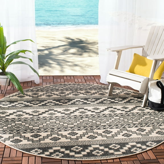 SAFAVIEH Veranda Luwig Southwestern Indoor/Outdoor Area Rug, 6'7" x 6'7" Round, Grey/Beige