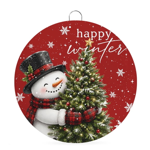 Welcome Sign for Front Door, Red Christmas Round Metal Wall Art Wreaths, Snowman Hug Xmas Tree Happy Winter Outdoor Indoor Wall Hanging Sign for Porch Decor Housewarming Gifts 7.9 Inch