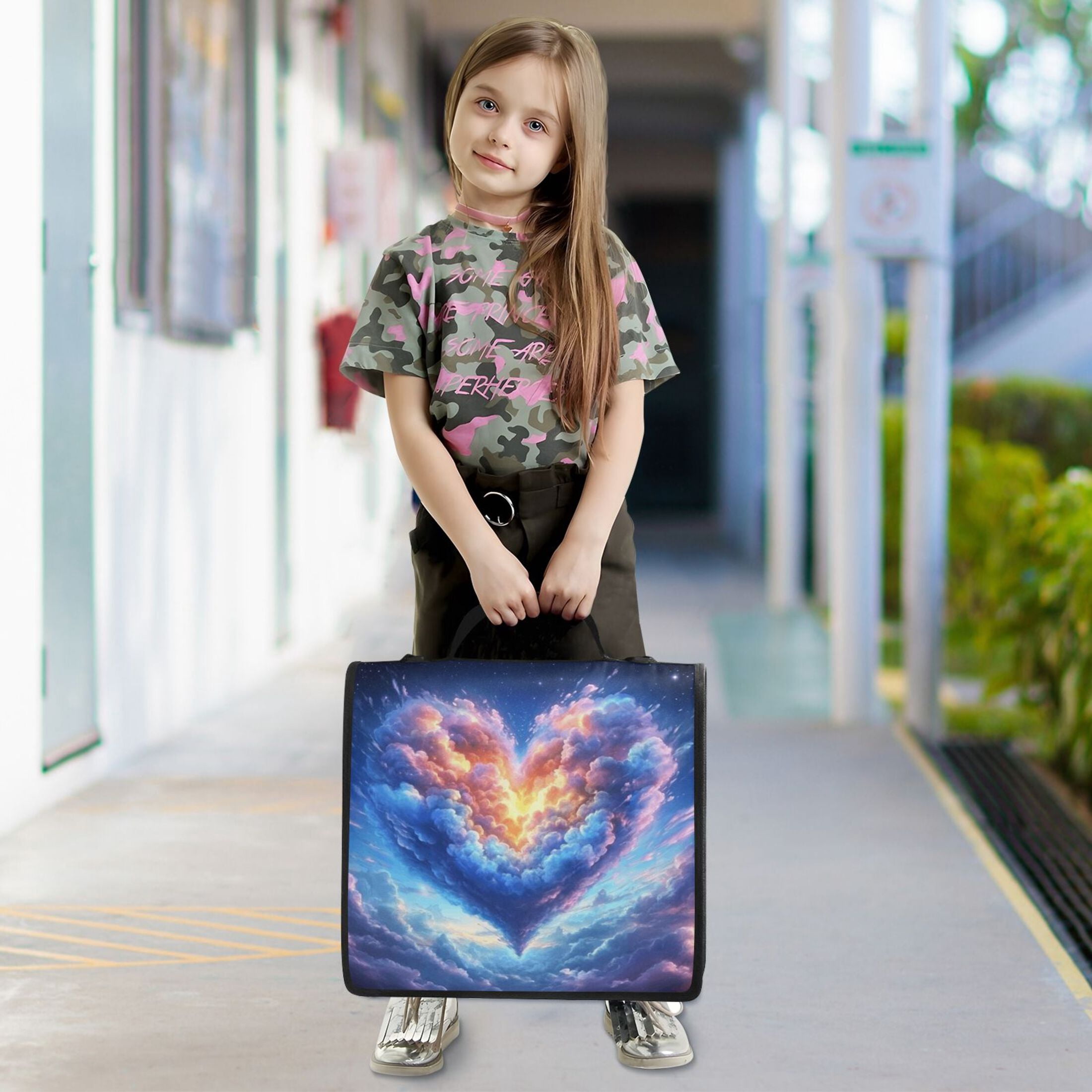 3 Ring Zipper Binder with Shoulder Strap Waterproof Trapper Keeper 2 Inch D-Ring 500 Sheets Capacity Heart Cloud in Sky