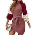 thumbnail image 3 of Women Colorblock Slim-Waist Knitted Bodycon Long Sleeve Fall Winter Casual Elegant Midi Sweater Dress Brick Red M, 3 of 9