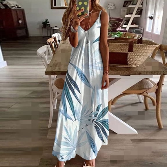 Ayolanni Vacation Women Summer Dresses Beach Floral Sleeveless V-Neck Maxi Slip Dress Off the Shoulder Hawaii Plus Size Ladies Sundress Blue L