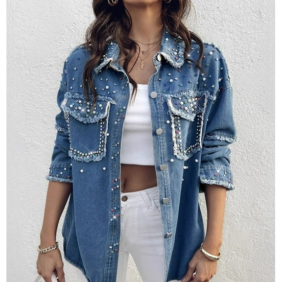 Women's Pearls Denim Jacket Cropped Rhinestones Jean Blazer Coat,Sequin Long Sleeve Rhinestone Denim Jackets