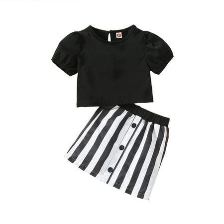 

Cute Girls Outfits Toddler Outfits Summer Puff Sleeve Tops Striped Printed Mini Skirts Clothes Sets