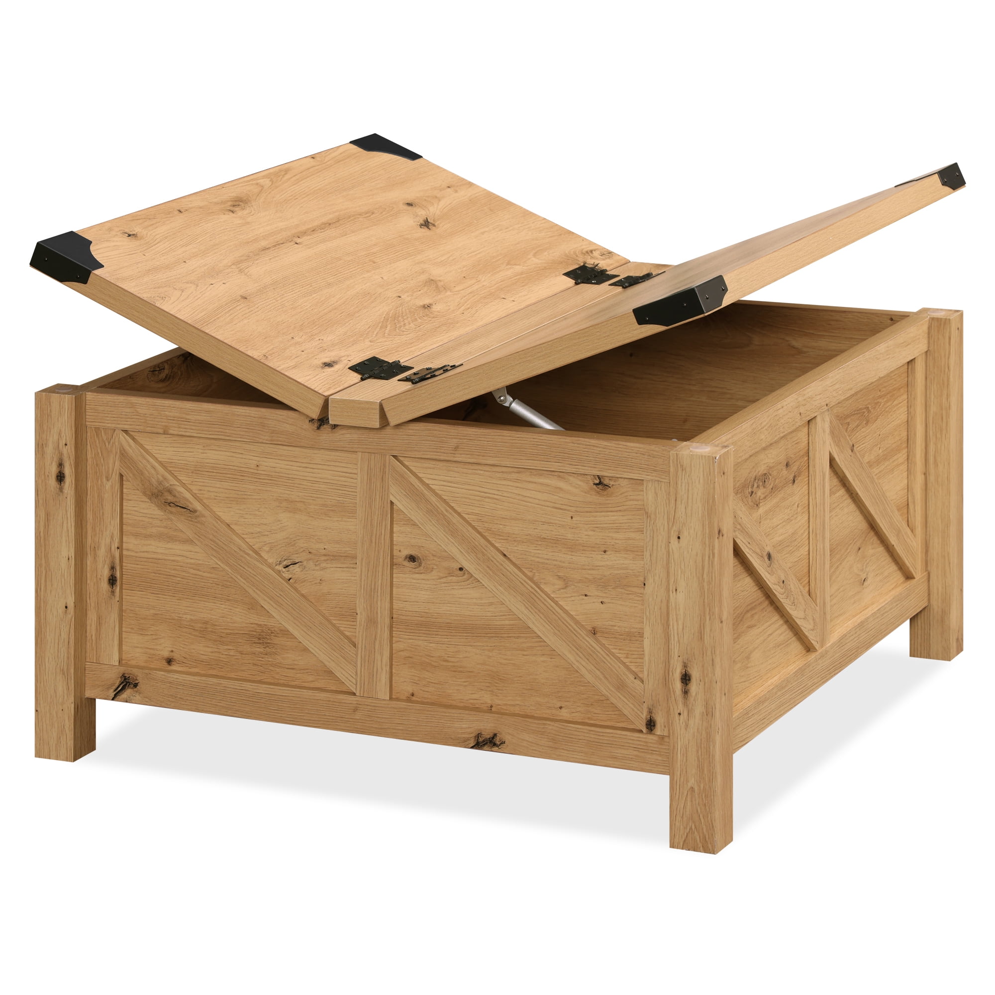 WAMPAT Farmhouse Square Coffee Table with Storage for Living Room,30 inch Z-shaped Wooden Strips Center Table with Flip-Top for Large Hidden Storage, Metal Wrapped Table Corners,Oak Brown
