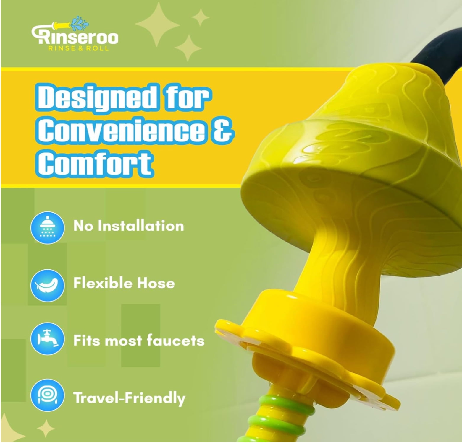 Rinseroo Portable Bidet Hose – Slip-On Shower Attachment for Postpartum, Post-Surgery, Warm Water Hygiene. Handheld Sprayer for Travel, Men, Women, RV. Peri Bottle Alternative, 5ft Hose, 5" Stretch