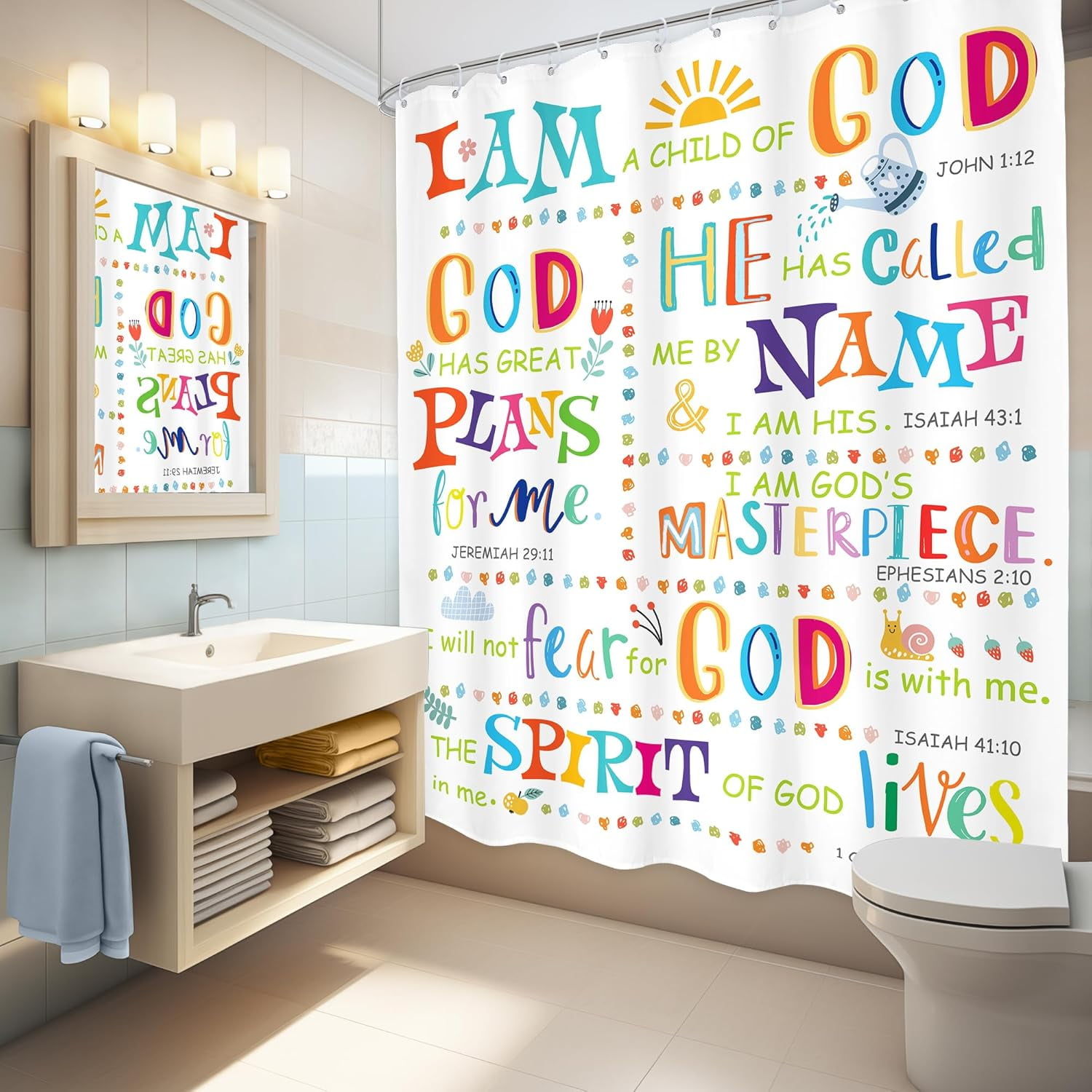 Kids Inspirational Quotes Shower Curtain Bathroom Set 72Wx72H Inches Funny Cartoon Cute Colorful Motivational Words Rainbow Dots Bath Accessories Classroom Art Home Decor Fabric 12 Pack Hooks