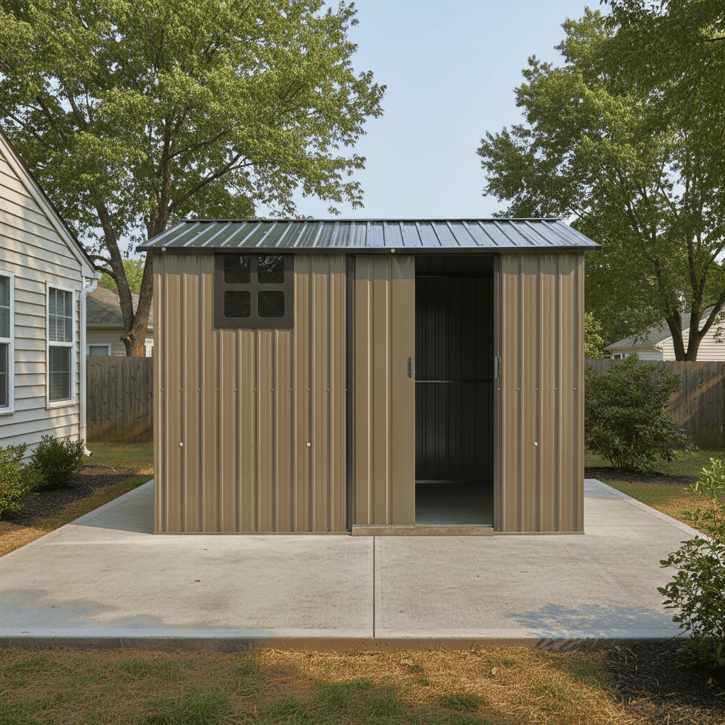 Mintazer 8×6ft Metal Outdoor Storage Shed with Lockable Sliding Doors & Window, Weatherproof Garden Tool Shed, Brown