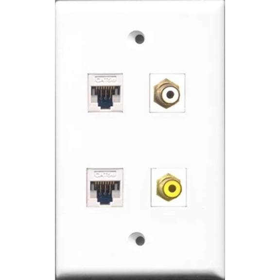 RiteAV 1 Port RCA White and 1 Port RCA Yellow 2 Port Cat5e Ethernet White Wall Plate