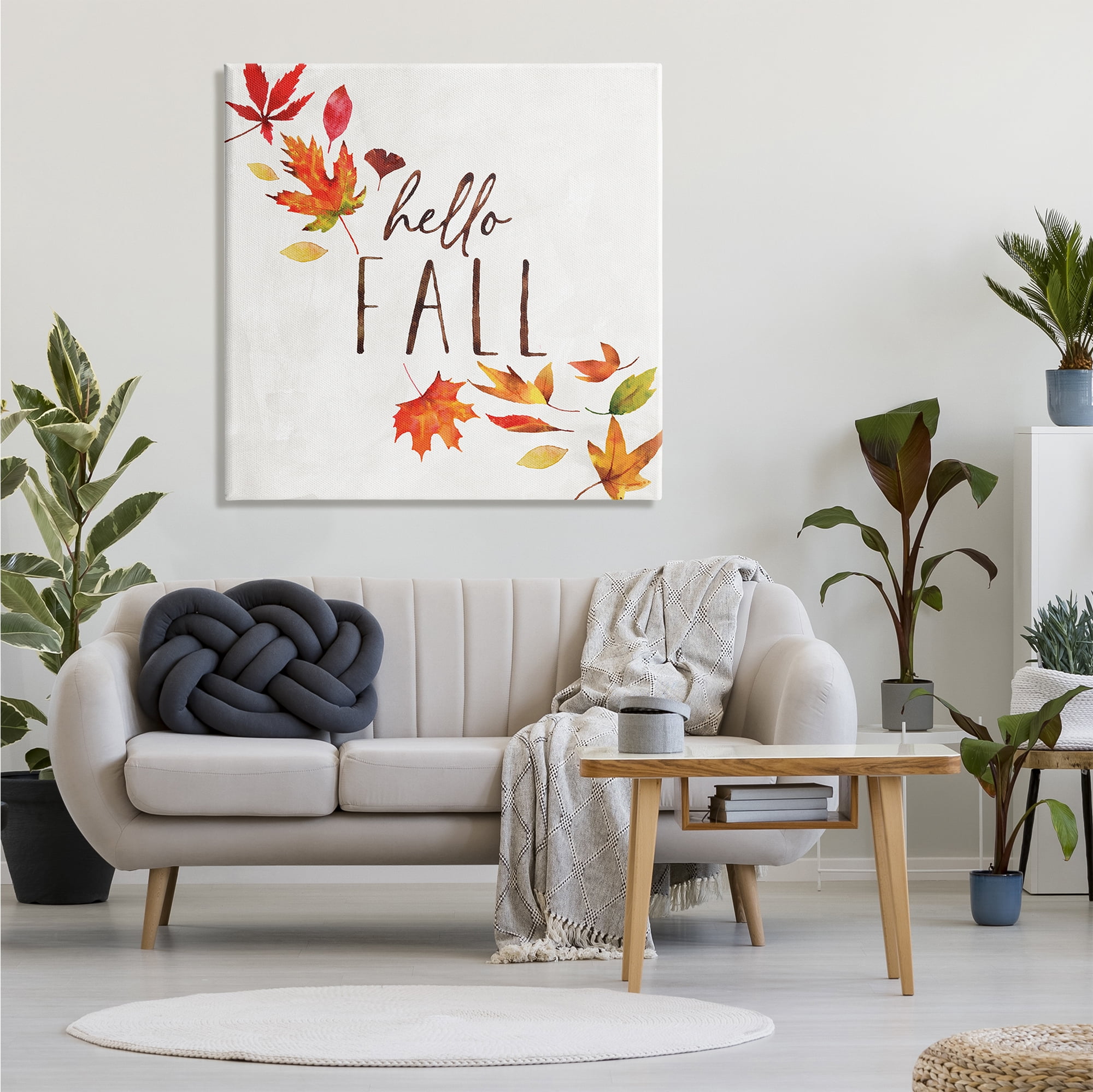 Design by Nina Pierce Hello Fall Autumn Tree Leaves Seasonal Statement 36 in x 36 in Painting Canvas Art Print, by Stupell Home Décor