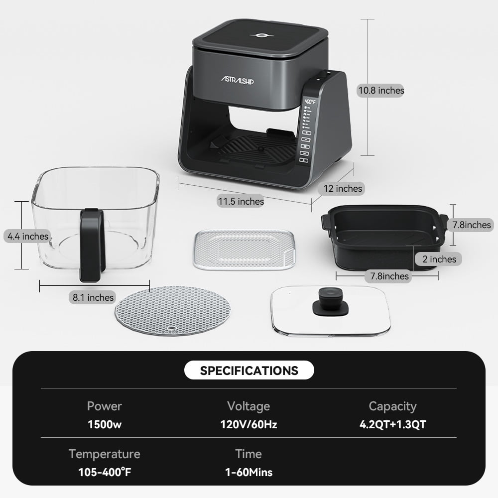 ASTRALSHIP Air Fryer for Countertop, 2‑in‑1 Glass Air Fryer & Grill Pan Combo, 4.2 QT + 1.3 QT, Air Fryer Non Toxic, Digital Presets, Healthy Cooking, Non‑Stick, Multi‑Function for Griddle & Baking