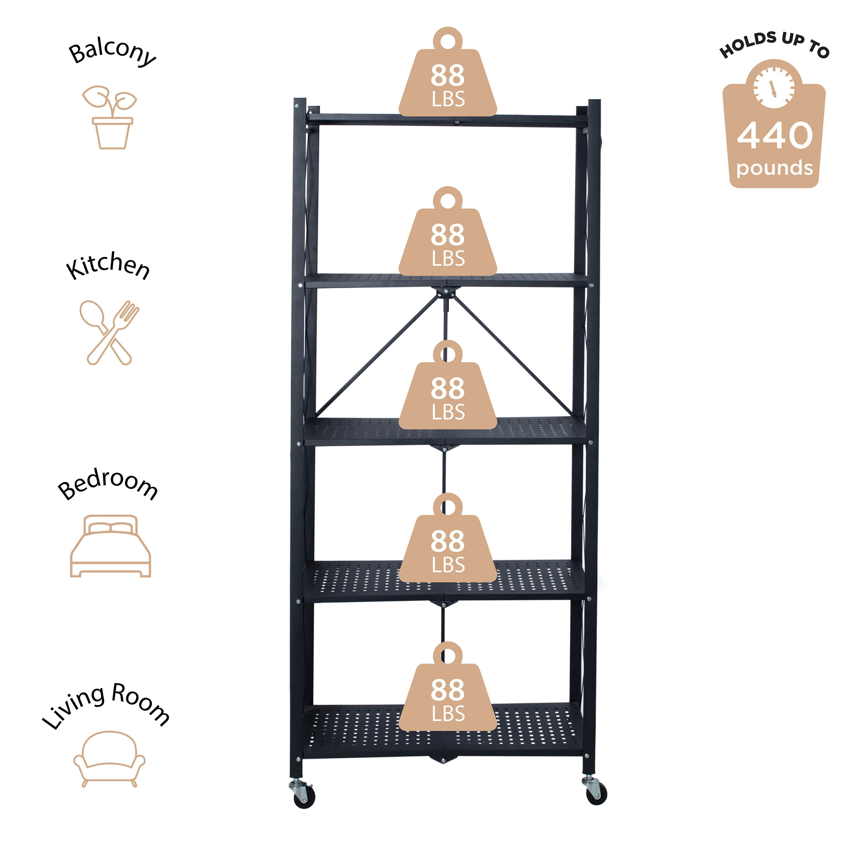 Organize It All 5 Shelf Foldable Metal Storage Shelves, Wheels, Adult, Kitchen, Laundry Room, Black