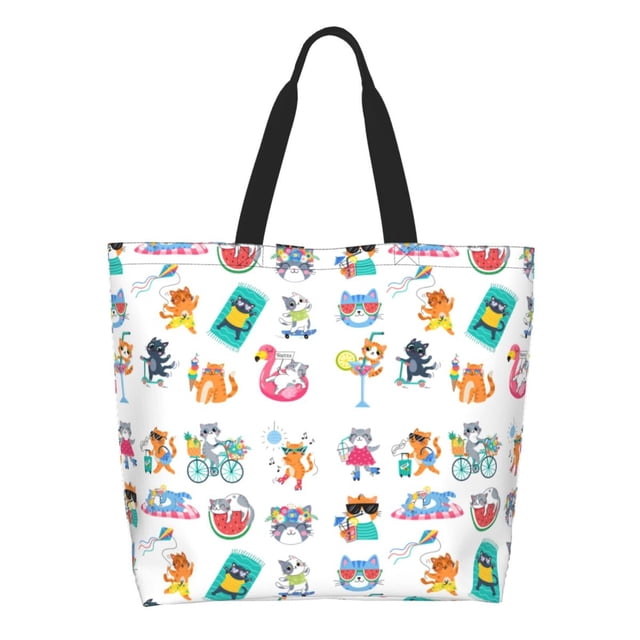 Fotbe Hello Summer Cat Bolsa Tote Estética de Lona con Estampado para Mujer - Bolsa Reutilizable de Hombro Casual para Vacaciones, Compras, Trabajo y Gimnasio