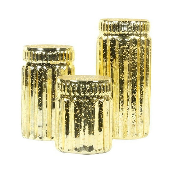 Koyal Wholesale Gold Ribbed Mercury Glass Vases, Bulk Set of 3, Mercury Vases for Flower Centerpieces, Centerpiece Jars