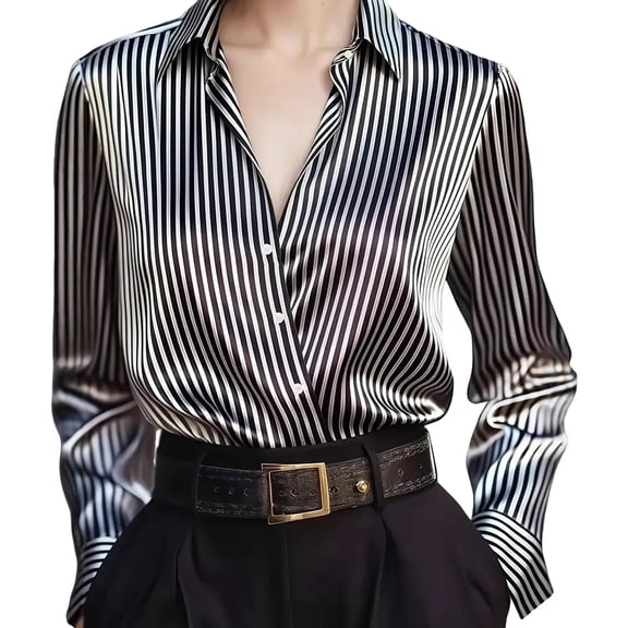 Satin Tops for Women V Neck Collared Casual Tops Business Silky Tops Elegant Blouses Long Sleeve Satin Silk Shirt Formal Shirts Solid Color Womens Tops Women's Satin Blouse Black S-2XL