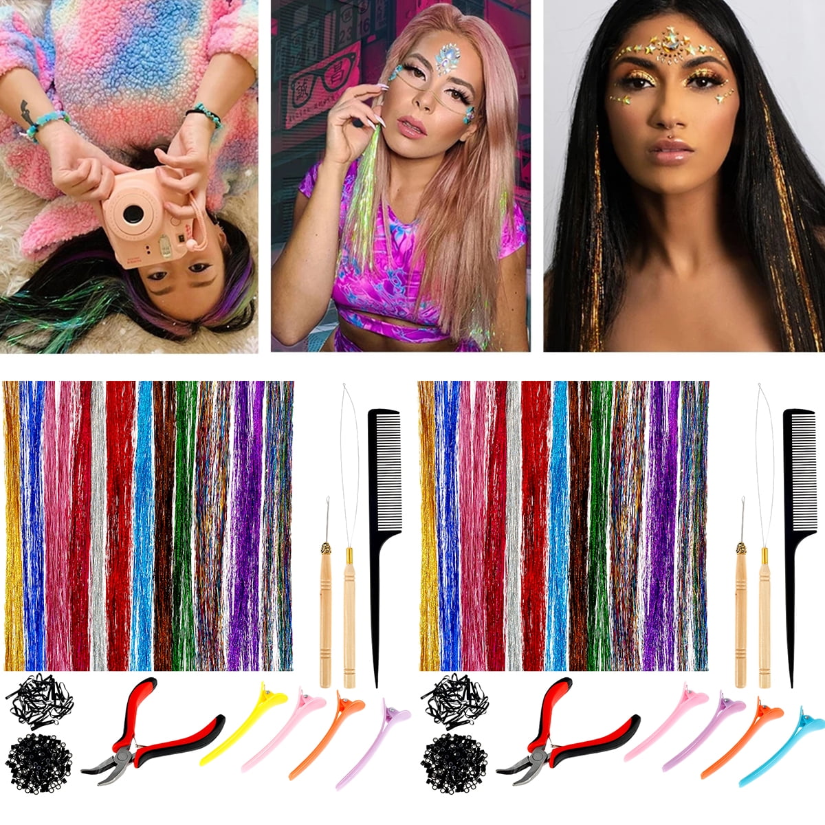 JTNero 37/47 in 12 Colors Hair Tinsel Kit with Tools,Glitter Hair Extension  Strands Silicone Link Rings Beads Colour Hair Extensions Kit for Girls  Party Cosplay 
