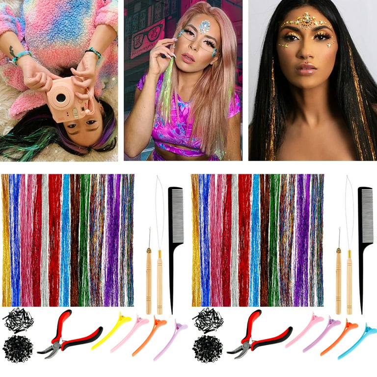 Juice grundlæggende Inspektion JTNero 37/47 in 12 Colors Hair Tinsel Kit with Tools,Glitter Hair Extension  Strands Silicone Link Rings Beads Colour Hair Extensions Kit for Girls  Party Cosplay - Walmart.com