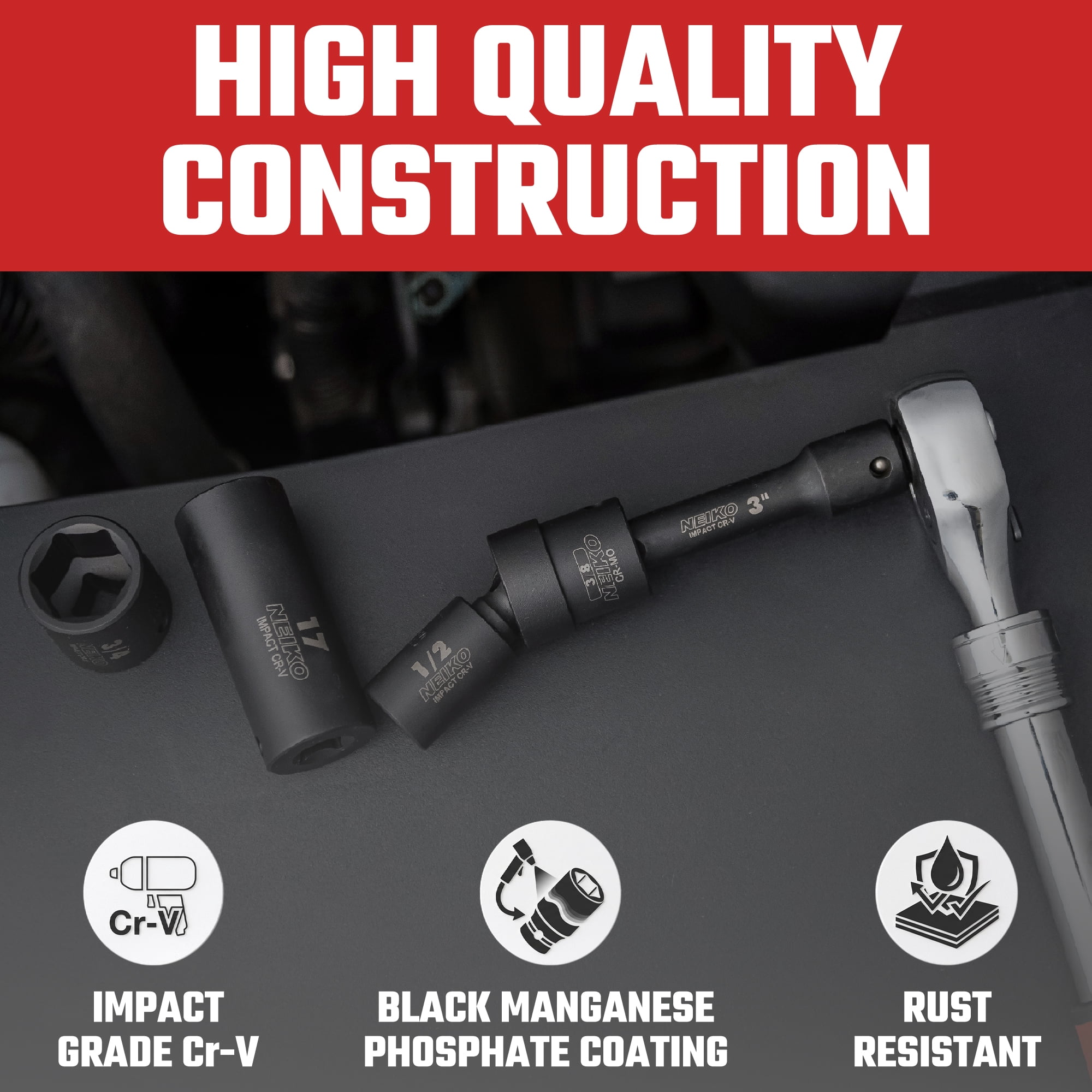 NEIKO 02440A 3/8-Inch-Drive Impact Socket Set, SAE Sizes 5/16" to 3/4" and Metric Sizes 8 mm to 19 mm, Includes Extension Bars and U-Joint, 44 Pieces