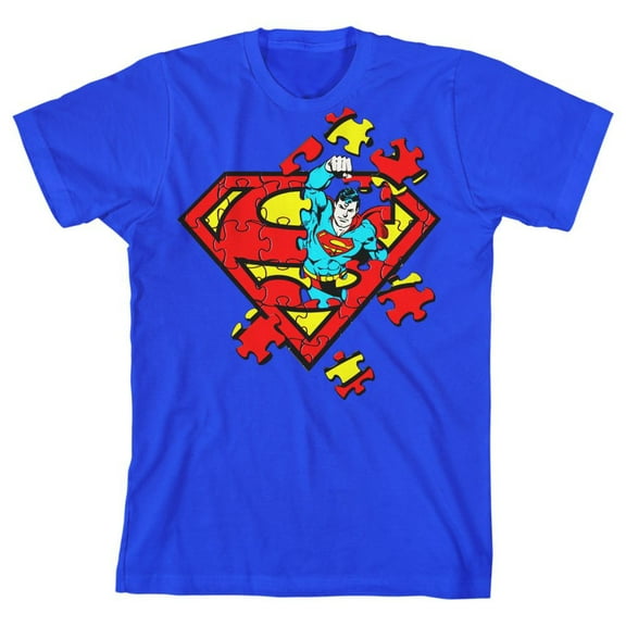 Superman Logo Puzzle Pieces Punchout Youth Boys Royal Blue T-Shirt-Large